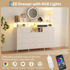 Dresser for Bedroom with 11 Fabric Drawers, Featuring Power Outlet & LED Lights, Wooden Top, 55w TV Stand for Chest of Drawers for Closet Entryway