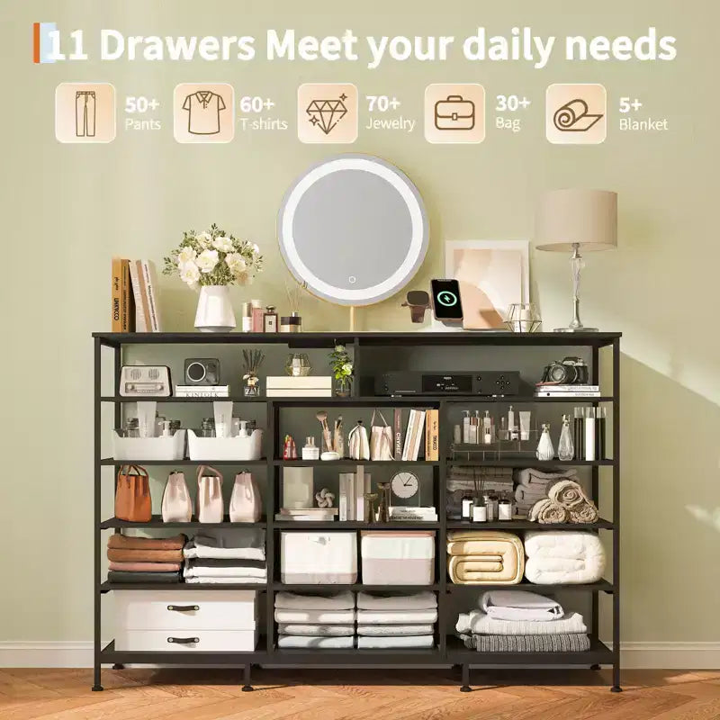 Dresser for Bedroom with 11 Fabric Drawers, Featuring Power Outlet & LED Lights, Wooden Top, 55w TV Stand for Chest of Drawers for Closet Entryway