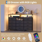 Dresser for Bedroom with 11 Fabric Drawers, Featuring Power Outlet & LED Lights, Wooden Top, 55w TV Stand for Chest of Drawers for Closet Entryway