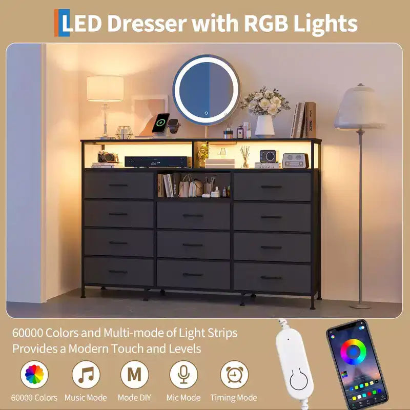 Dresser for Bedroom with 11 Fabric Drawers, Featuring Power Outlet & LED Lights, Wooden Top, 55w TV Stand for Chest of Drawers for Closet Entryway