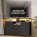 Dresser for Bedroom with 11 Fabric Drawers, Featuring Power Outlet & LED Lights, Wooden Top, 55w TV Stand for Chest of Drawers for Closet Entryway