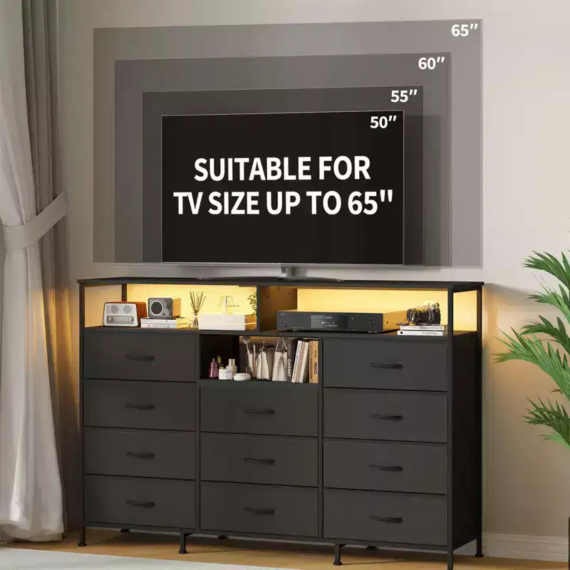 Dresser for Bedroom with 11 Fabric Drawers, Featuring Power Outlet & LED Lights, Wooden Top, 55w TV Stand for Chest of Drawers for Closet Entryway