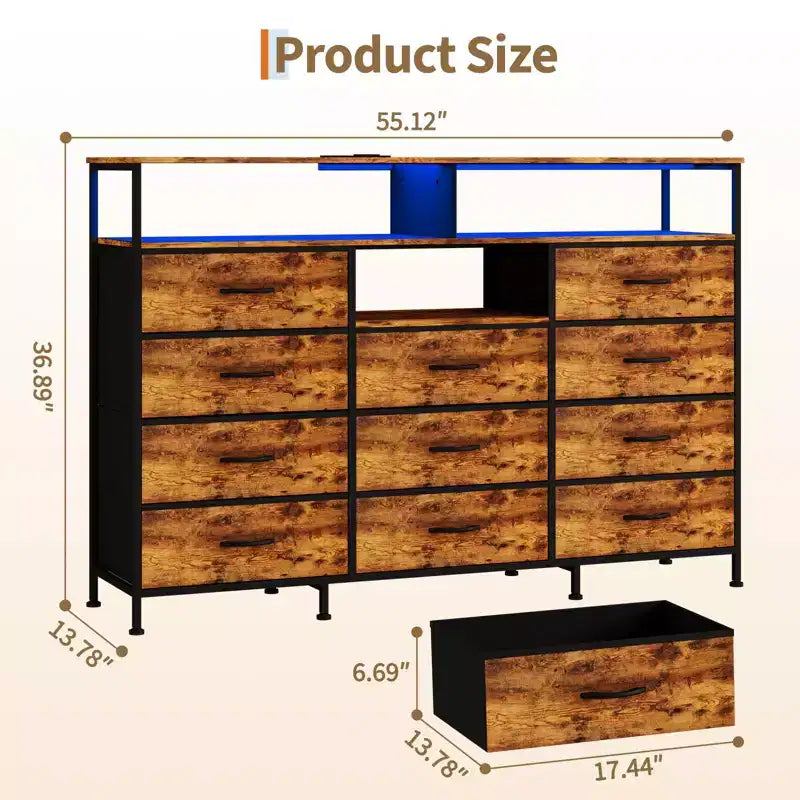Dresser for Bedroom with 11 Fabric Drawers, Featuring Power Outlet & LED Lights, Wooden Top, 55w TV Stand for Chest of Drawers for Closet Entryway