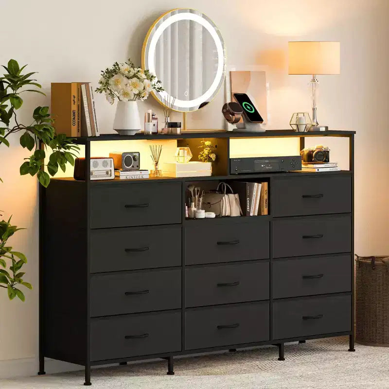 Dresser for Bedroom with 11 Fabric Drawers, Featuring Power Outlet & LED Lights, Wooden Top, 55w TV Stand for Chest of Drawers for Closet Entryway