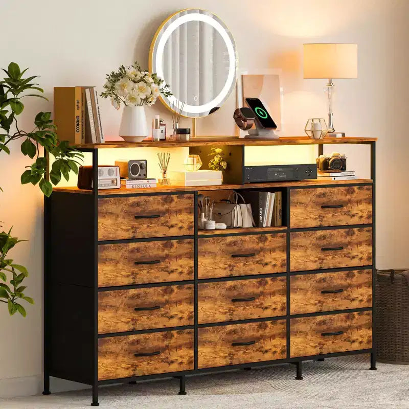 Dresser for Bedroom with 11 Fabric Drawers, Featuring Power Outlet & LED Lights, Wooden Top, 55w TV Stand for Chest of Drawers for Closet Entryway