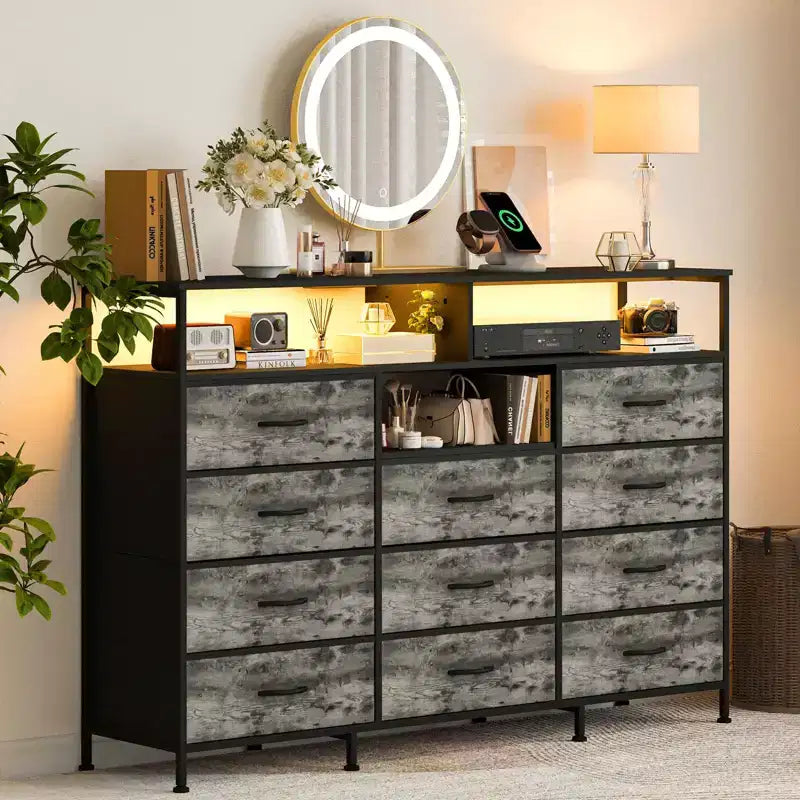 Dresser for Bedroom with 11 Fabric Drawers, Featuring Power Outlet & LED Lights, Wooden Top, 55w TV Stand for Chest of Drawers for Closet Entryway