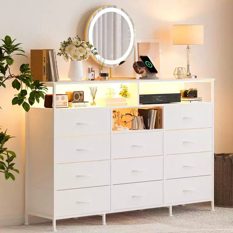 Dresser for Bedroom with 11 Fabric Drawers, Featuring Power Outlet & LED Lights, Wooden Top, 55w TV Stand for Chest of Drawers for Closet Entryway