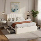 Queen/King Size Upholstered Platform Bed Frame with Storage Drawers & Headboard, Beige - ModernLuxe