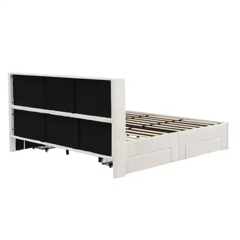 Queen/King Size Upholstered Platform Bed Frame with Storage Drawers & Headboard, Beige