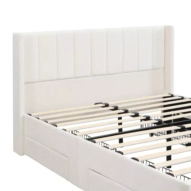Queen/King Size Upholstered Platform Bed Frame with Storage Drawers & Headboard, Beige