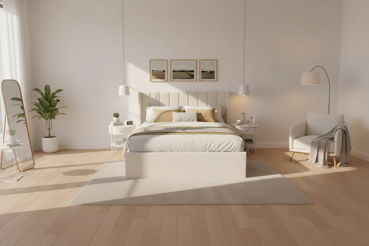 Queen/King Size Upholstered Platform Bed Frame with Storage Drawers & Headboard, Beige