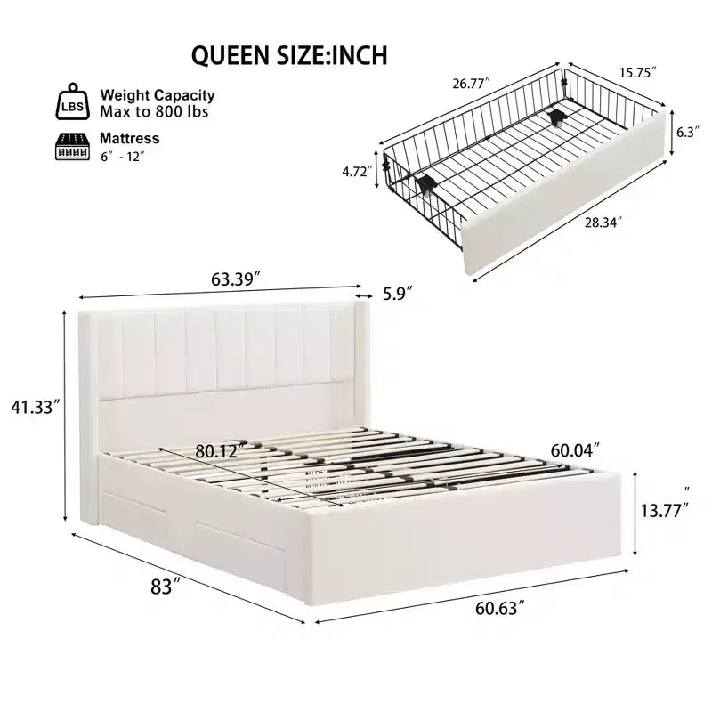 Queen/King Size Upholstered Platform Bed Frame with Storage Drawers & Headboard, Beige
