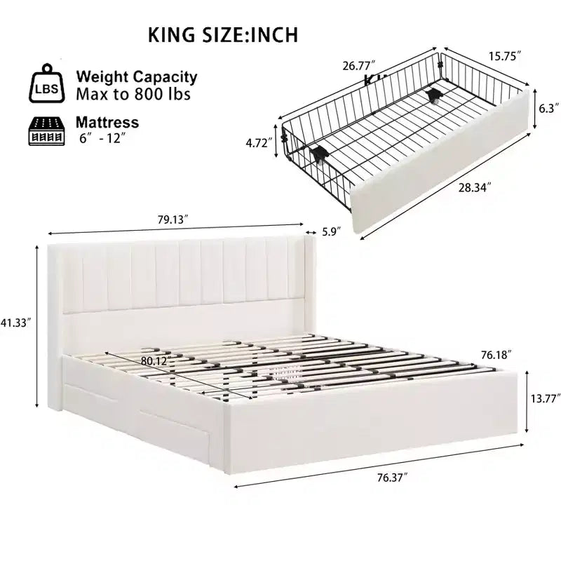 Queen/King Size Upholstered Platform Bed Frame with Storage Drawers & Headboard, Beige