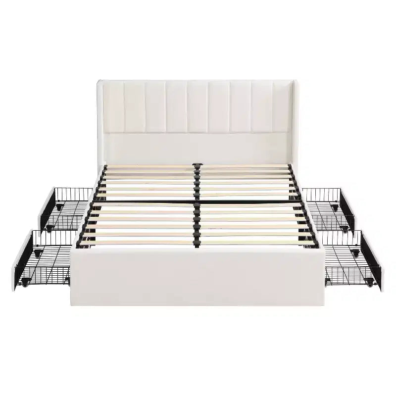 Queen/King Size Upholstered Platform Bed Frame with Storage Drawers & Headboard, Beige