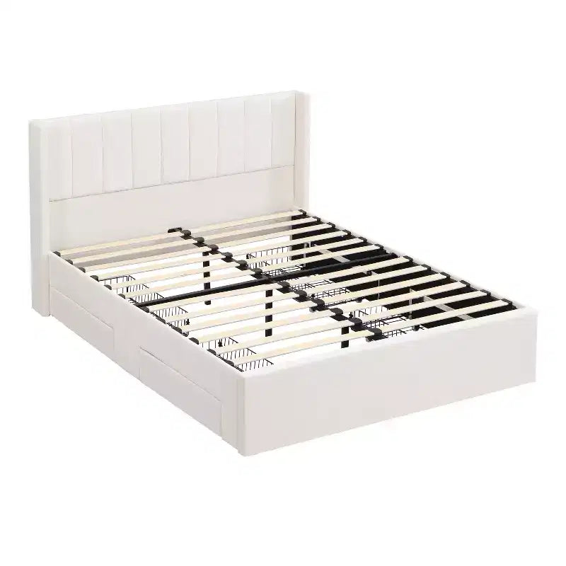 Queen/King Size Upholstered Platform Bed Frame with Storage Drawers & Headboard, Beige