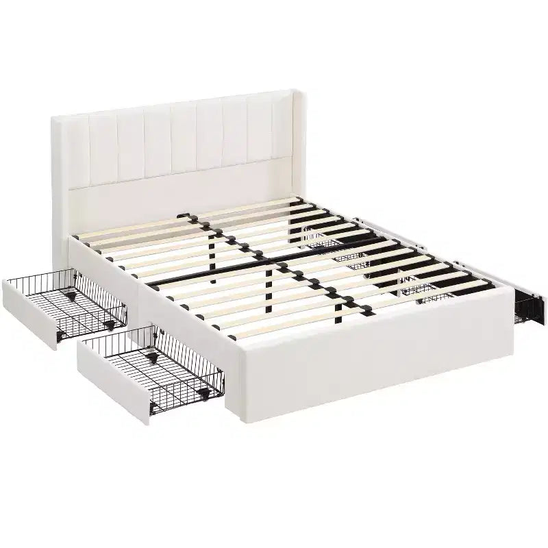 Queen/King Size Upholstered Platform Bed Frame with Storage Drawers & Headboard, Beige