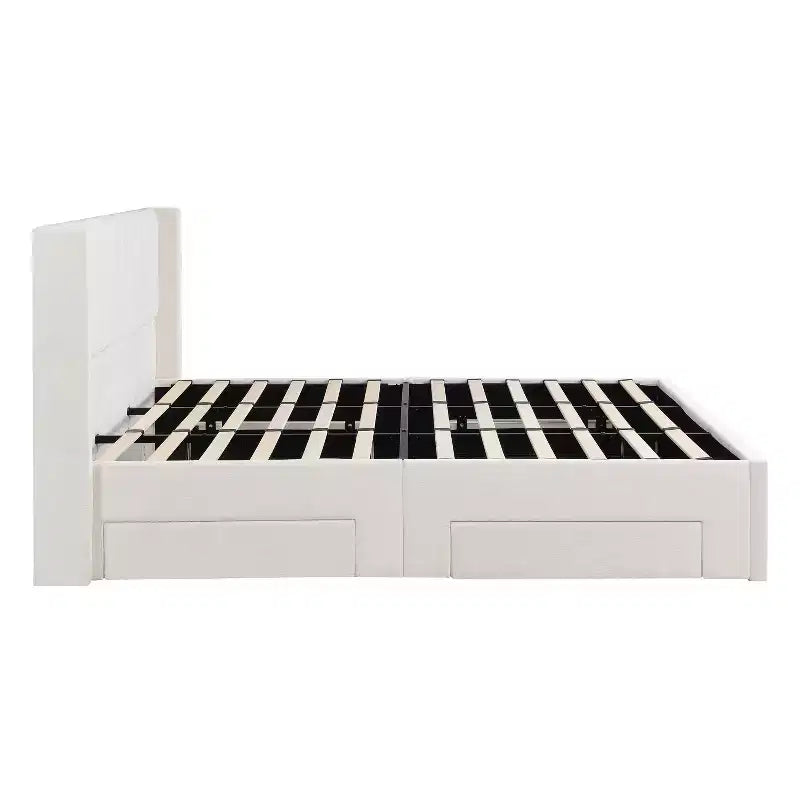Queen/King Size Upholstered Platform Bed Frame with Storage Drawers & Headboard, Beige