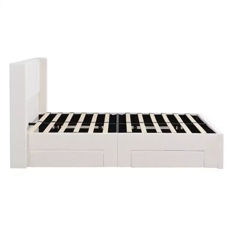 Queen/King Size Upholstered Platform Bed Frame with Storage Drawers & Headboard, Beige