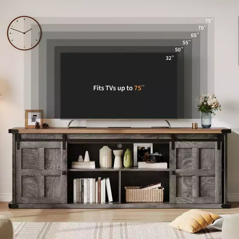 Farmhouse Entertainment Center TV Stand, Ample Storage Cabinets, Sliding Barn Doorsfor Living Room, Bedroom