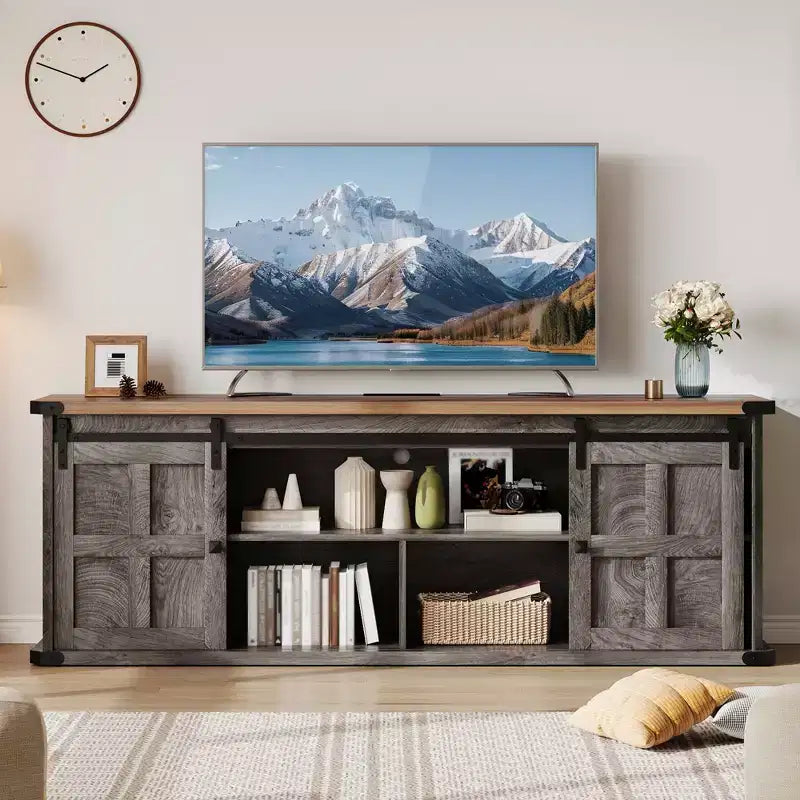 Farmhouse Entertainment Center TV Stand, Ample Storage Cabinets, Sliding Barn Doorsfor Living Room, Bedroom