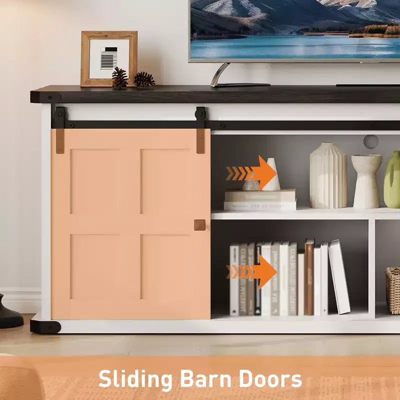 Farmhouse Entertainment Center TV Stand, Ample Storage Cabinets, Sliding Barn Doorsfor Living Room, Bedroom