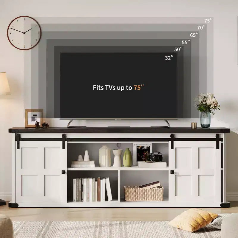 Farmhouse Entertainment Center TV Stand, Ample Storage Cabinets, Sliding Barn Doorsfor Living Room, Bedroom