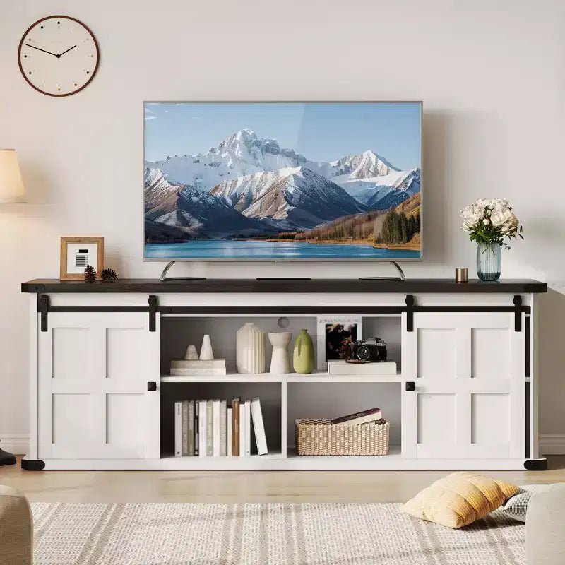 Farmhouse Entertainment Center TV Stand, Ample Storage Cabinets, Sliding Barn Doorsfor Living Room, Bedroom