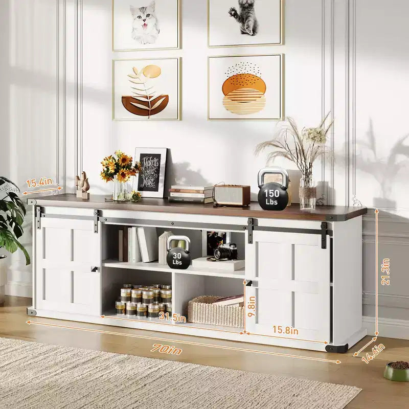 Farmhouse Entertainment Center TV Stand, Ample Storage Cabinets, Sliding Barn Doorsfor Living Room, Bedroom