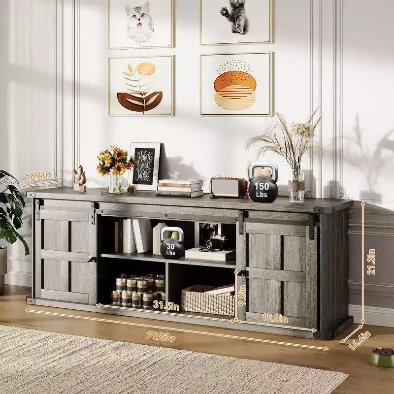 Farmhouse Entertainment Center TV Stand, Ample Storage Cabinets, Sliding Barn Doorsfor Living Room, Bedroom