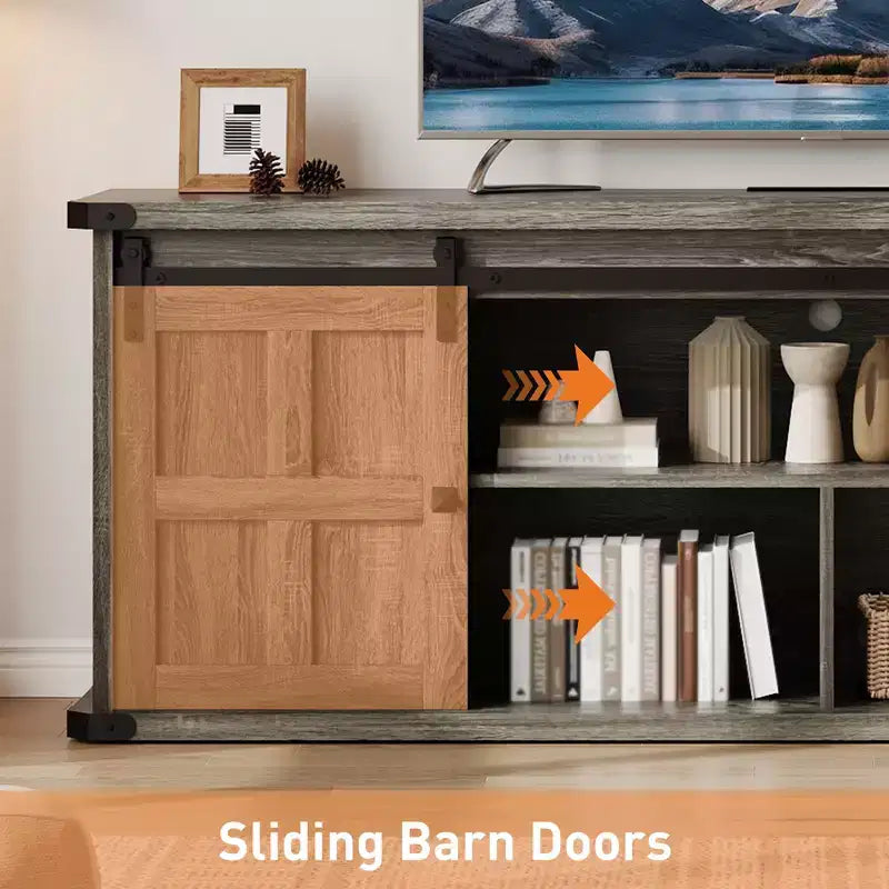 Farmhouse Entertainment Center TV Stand, Ample Storage Cabinets, Sliding Barn Doorsfor Living Room, Bedroom