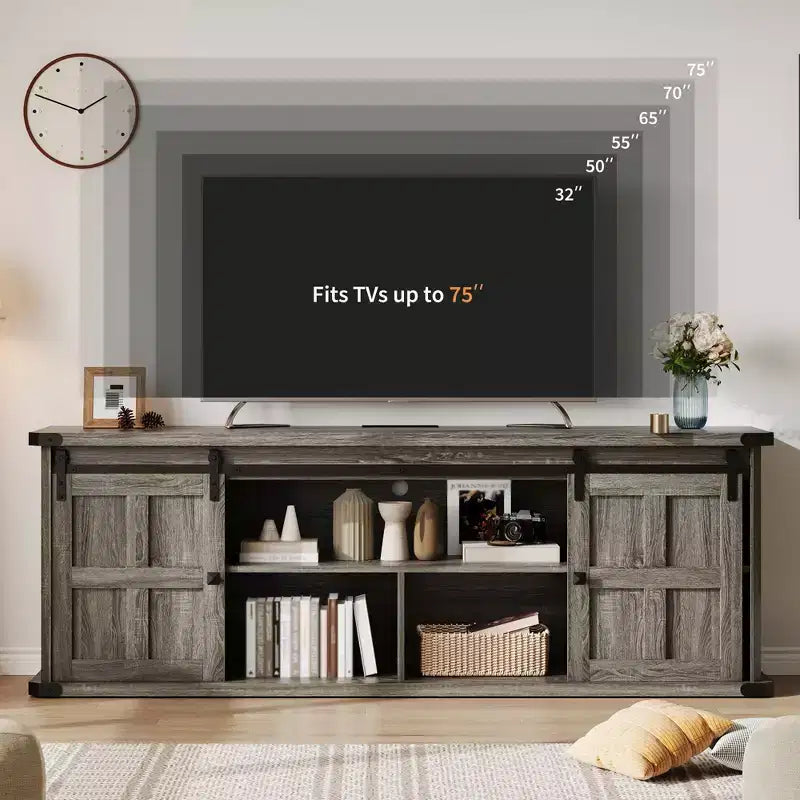 Farmhouse Entertainment Center TV Stand, Ample Storage Cabinets, Sliding Barn Doorsfor Living Room, Bedroom