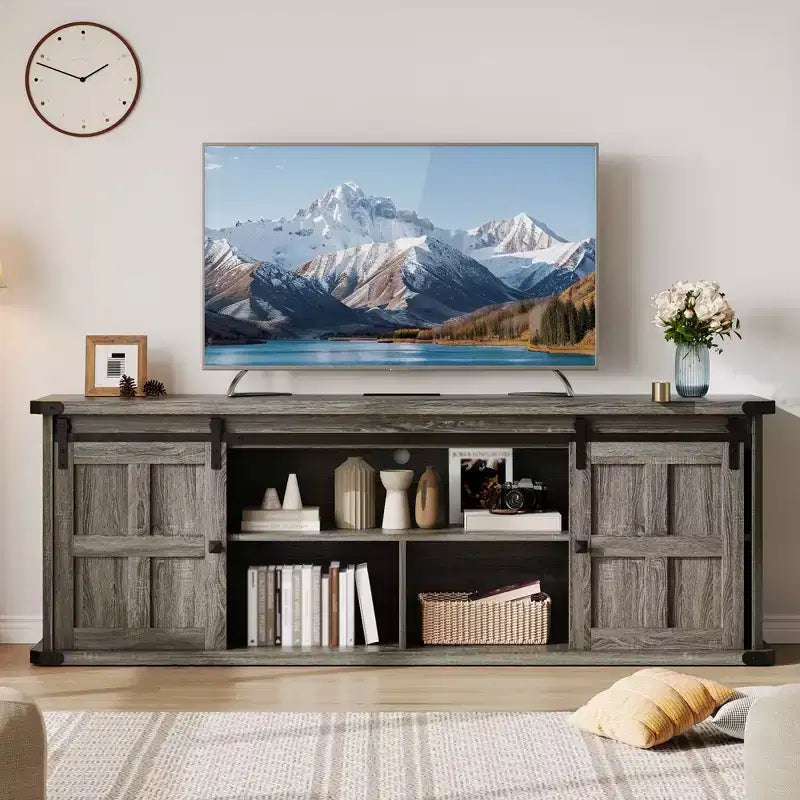 Farmhouse Entertainment Center TV Stand, Ample Storage Cabinets, Sliding Barn Doorsfor Living Room, Bedroom