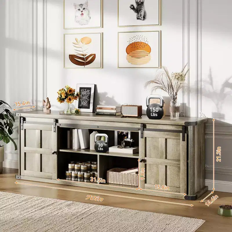 Farmhouse Entertainment Center TV Stand, Ample Storage Cabinets, Sliding Barn Doorsfor Living Room, Bedroom