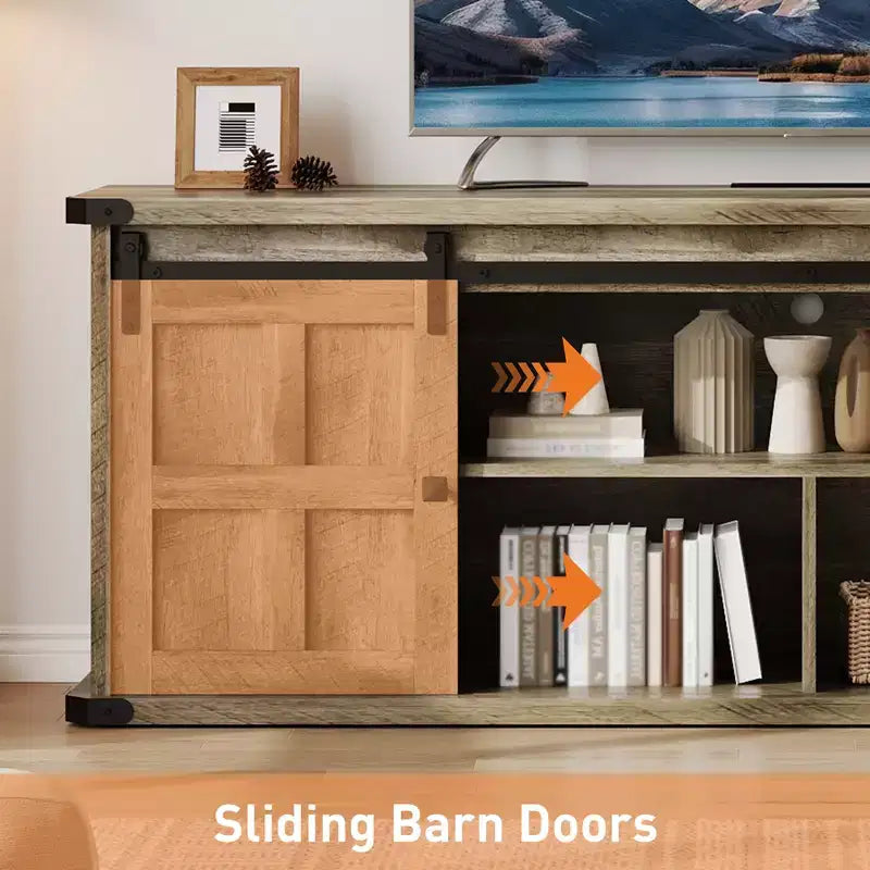 Farmhouse Entertainment Center TV Stand, Ample Storage Cabinets, Sliding Barn Doorsfor Living Room, Bedroom