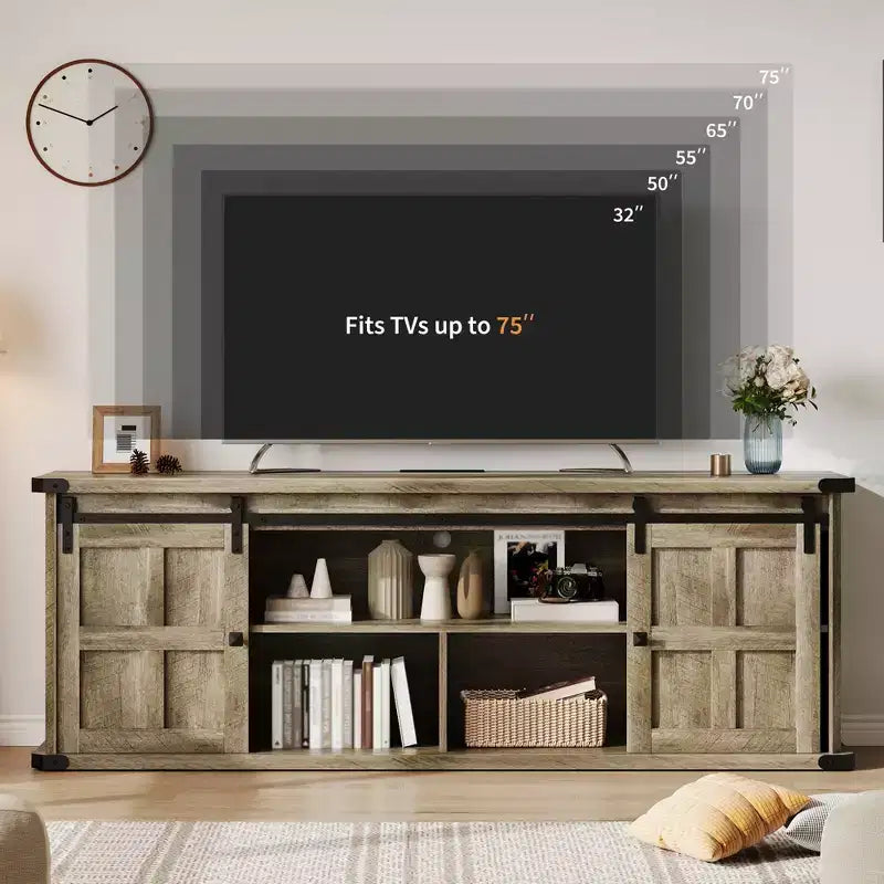 Farmhouse Entertainment Center TV Stand, Ample Storage Cabinets, Sliding Barn Doorsfor Living Room, Bedroom