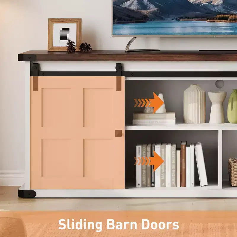 Farmhouse Entertainment Center TV Stand, Ample Storage Cabinets, Sliding Barn Doorsfor Living Room, Bedroom