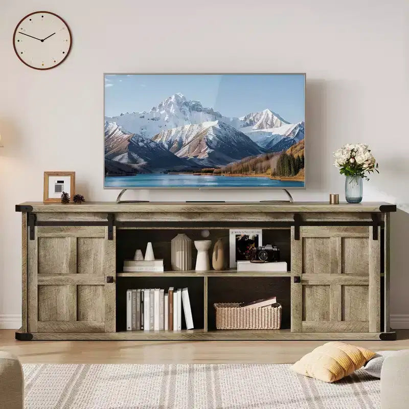 Farmhouse Entertainment Center TV Stand, Ample Storage Cabinets, Sliding Barn Doorsfor Living Room, Bedroom