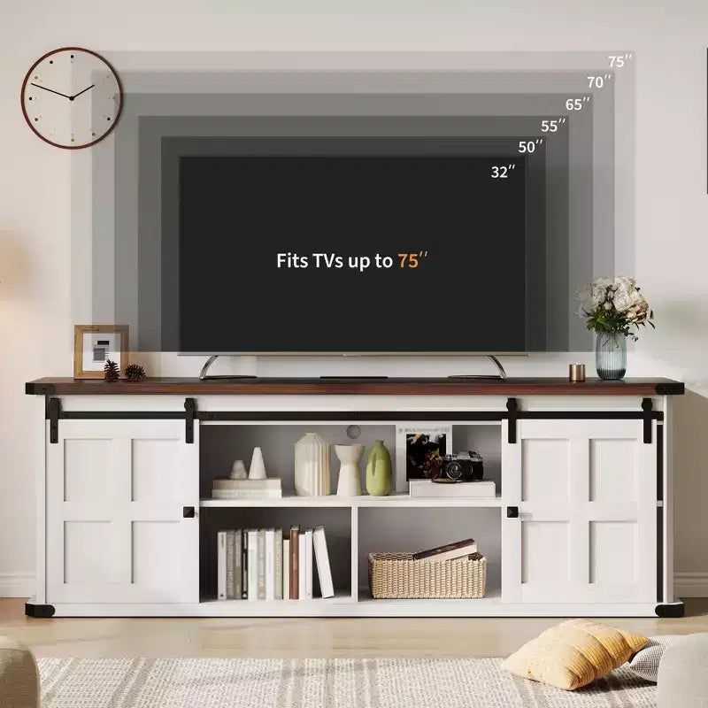 Farmhouse Entertainment Center TV Stand, Ample Storage Cabinets, Sliding Barn Doorsfor Living Room, Bedroom