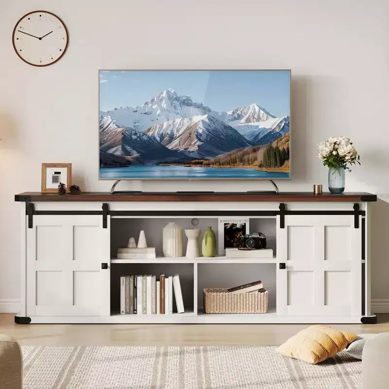 Farmhouse Entertainment Center TV Stand, Ample Storage Cabinets, Sliding Barn Doorsfor Living Room, Bedroom