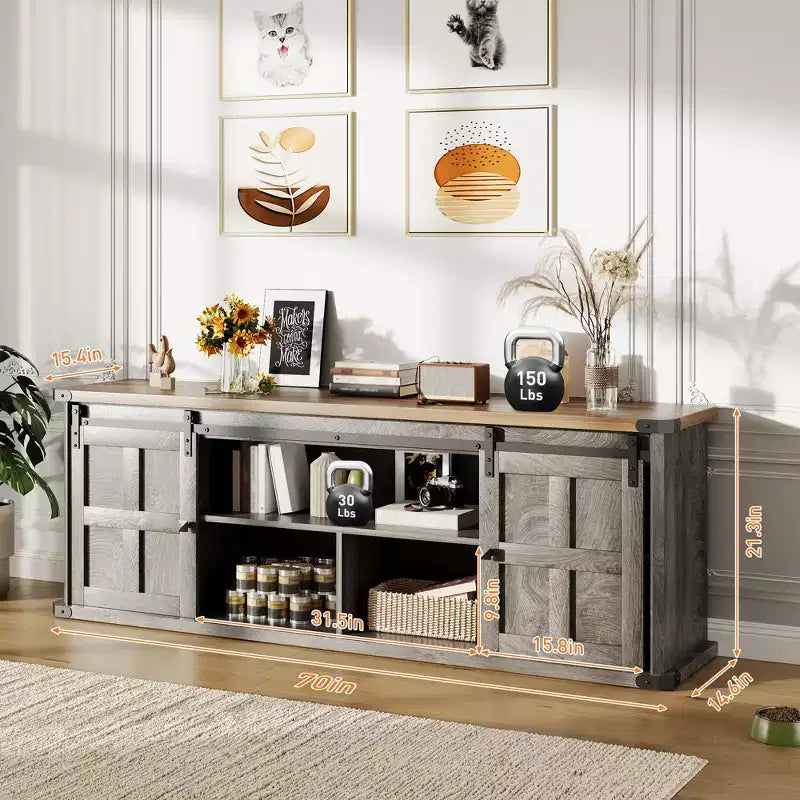 Farmhouse Entertainment Center TV Stand, Ample Storage Cabinets, Sliding Barn Doorsfor Living Room, Bedroom