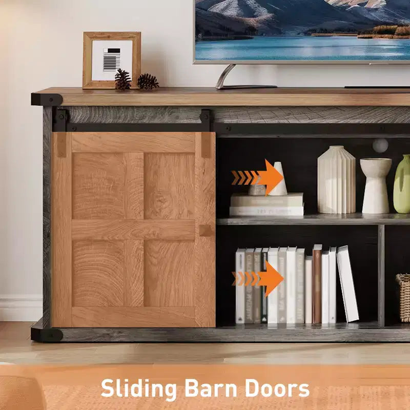 Farmhouse Entertainment Center TV Stand, Ample Storage Cabinets, Sliding Barn Doorsfor Living Room, Bedroom