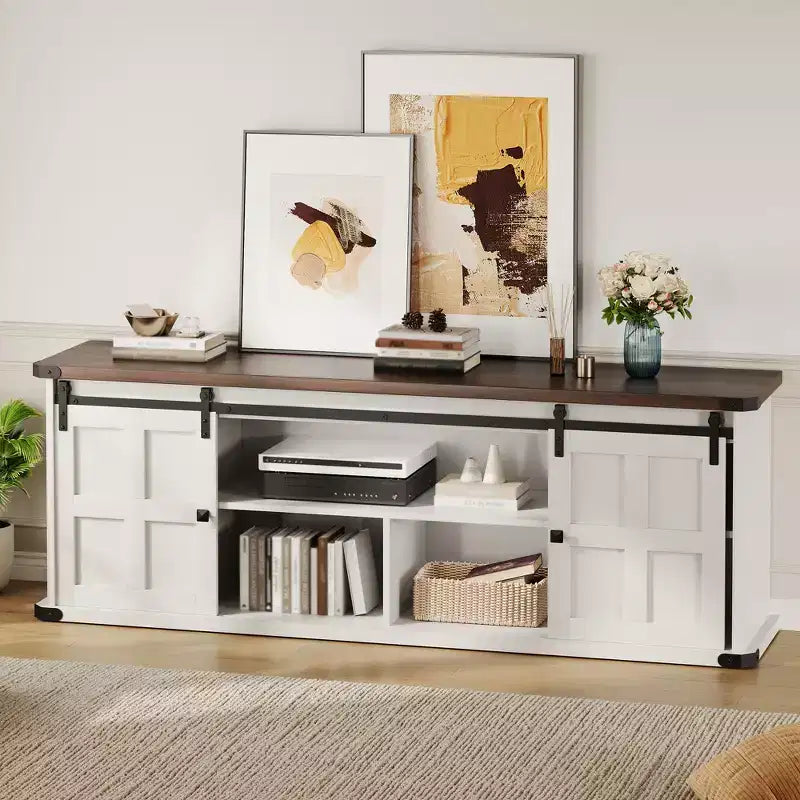 Farmhouse Entertainment Center TV Stand, Ample Storage Cabinets, Sliding Barn Doorsfor Living Room, Bedroom