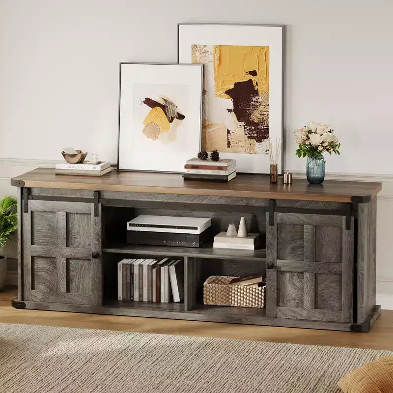 Farmhouse Entertainment Center TV Stand, Ample Storage Cabinets, Sliding Barn Doorsfor Living Room, Bedroom
