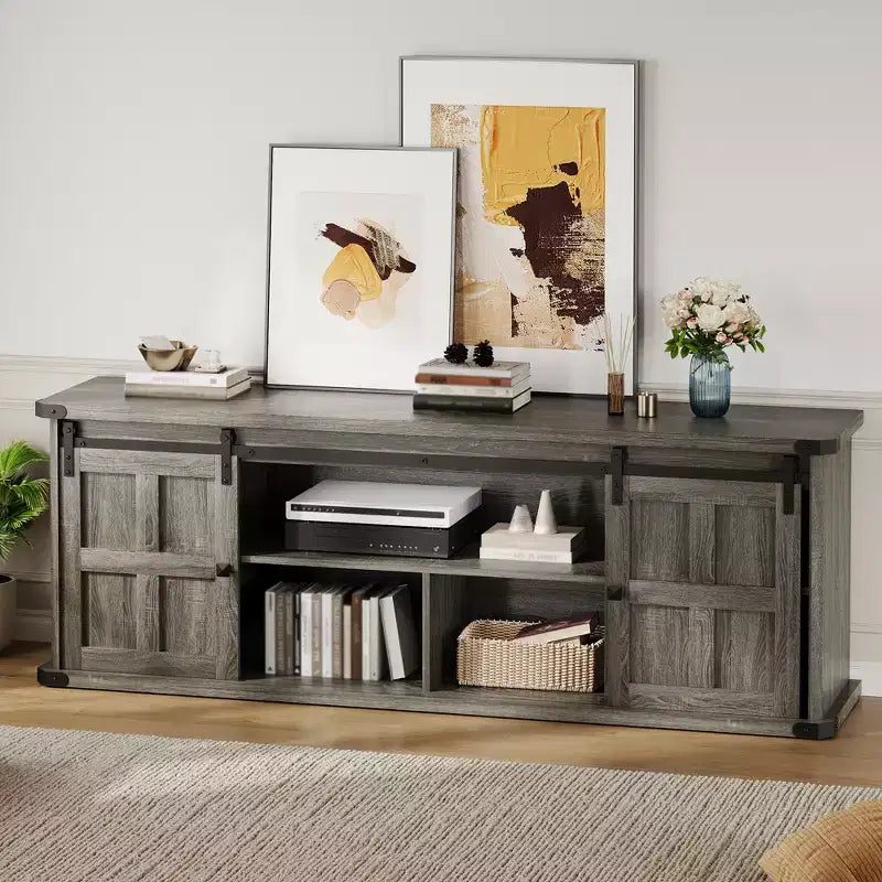 Farmhouse Entertainment Center TV Stand, Ample Storage Cabinets, Sliding Barn Doorsfor Living Room, Bedroom