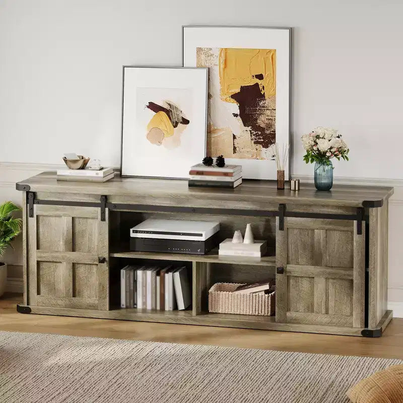 Farmhouse Entertainment Center TV Stand, Ample Storage Cabinets, Sliding Barn Doorsfor Living Room, Bedroom