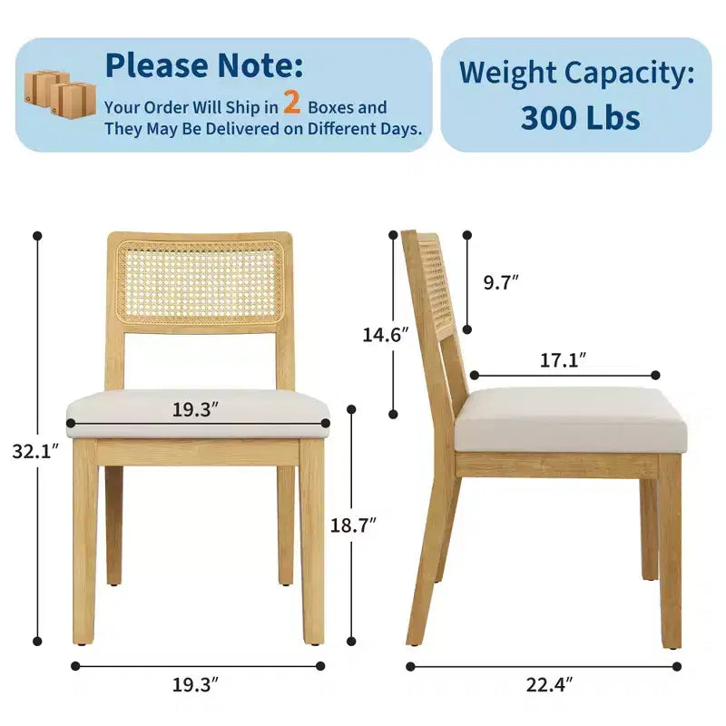 Set of 2 Rattan Dining Chairs, Mid-Century Modern Farmhouse Kitchen Chairs with Wooden Frame & Rattan Back for Dining & Living Room