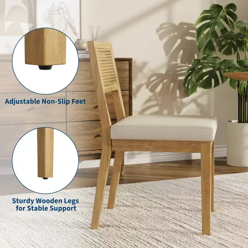 Set of 2 Rattan Dining Chairs, Mid-Century Modern Farmhouse Kitchen Chairs with Wooden Frame & Rattan Back for Dining & Living Room