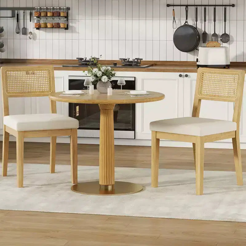 Set of 2 Rattan Dining Chairs, Mid-Century Modern Farmhouse Kitchen Chairs with Wooden Frame & Rattan Back for Dining & Living Room