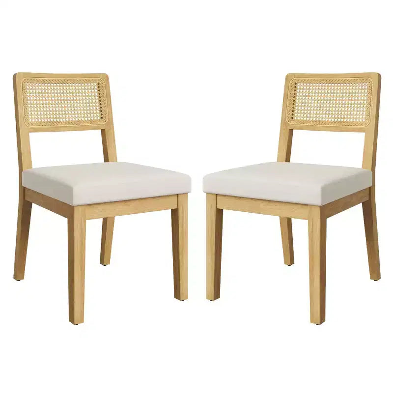 Set of 2 Rattan Dining Chairs, Mid-Century Modern Farmhouse Kitchen Chairs with Wooden Frame & Rattan Back for Dining & Living Room