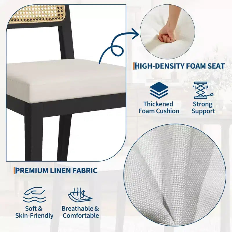 Set of 2 Rattan Dining Chairs, Mid-Century Modern Farmhouse Kitchen Chairs with Wooden Frame & Rattan Back for Dining & Living Room